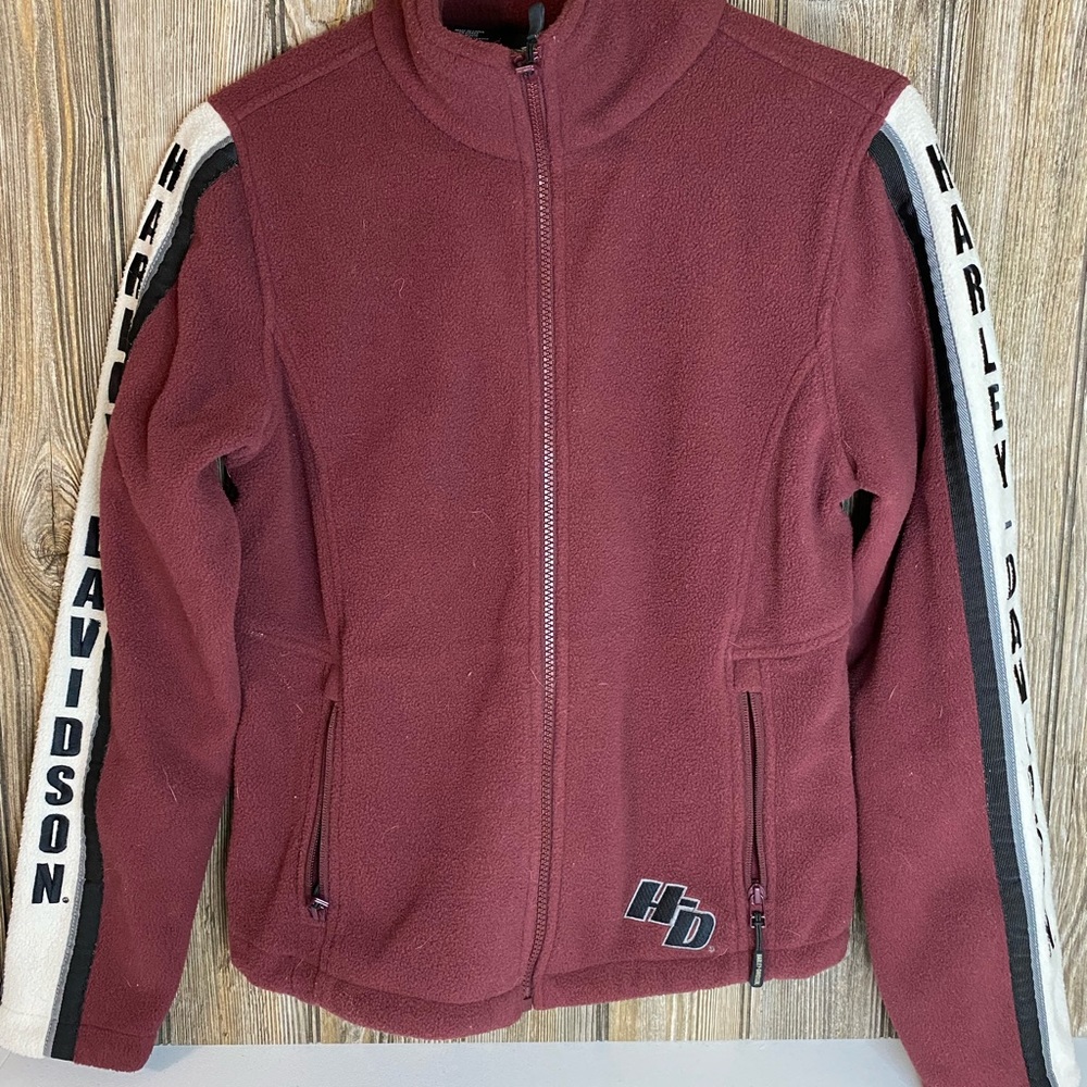 WOMENS USED HARLEY DAVIDSON MOTORCYCLES MAROON FULL ZIP FLEECE JACKET LARGE